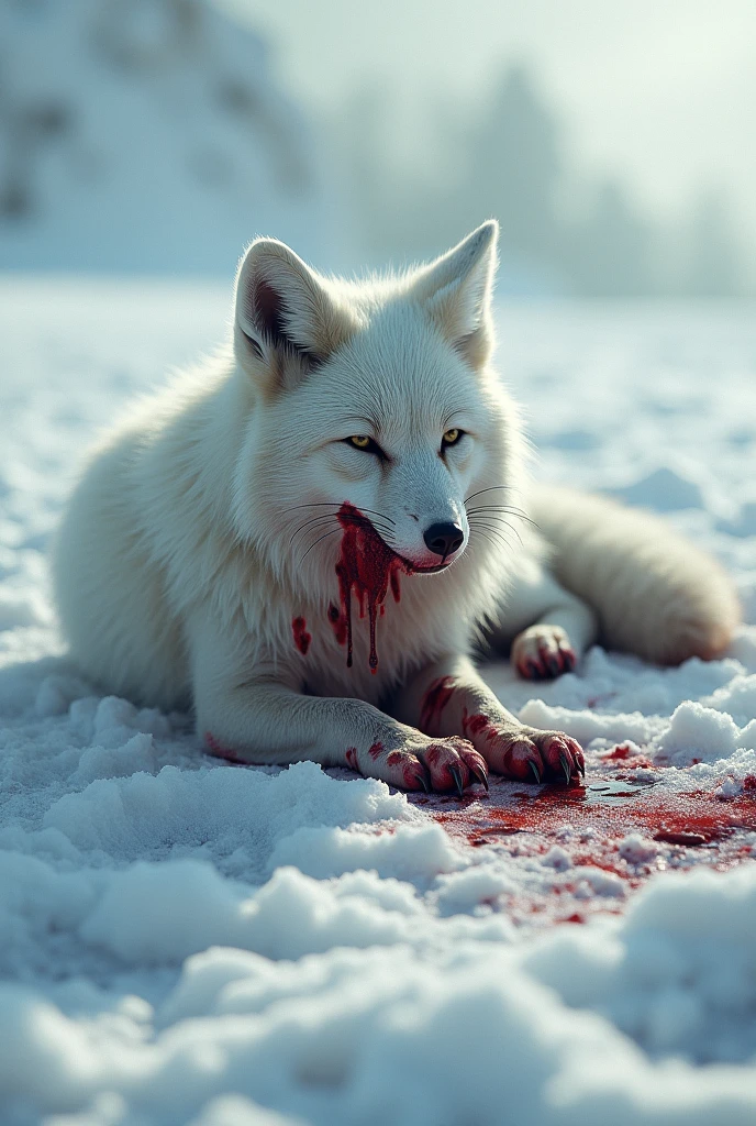 A dying, dirty white fox lying in the snow, blood dripping from its body, a desperate expression on its face, tears in its eyes, blood on its mouth and body, the scene is desolate, snow-white and abandoned, monochrome, high contrast, dramatic lighting, photographic style