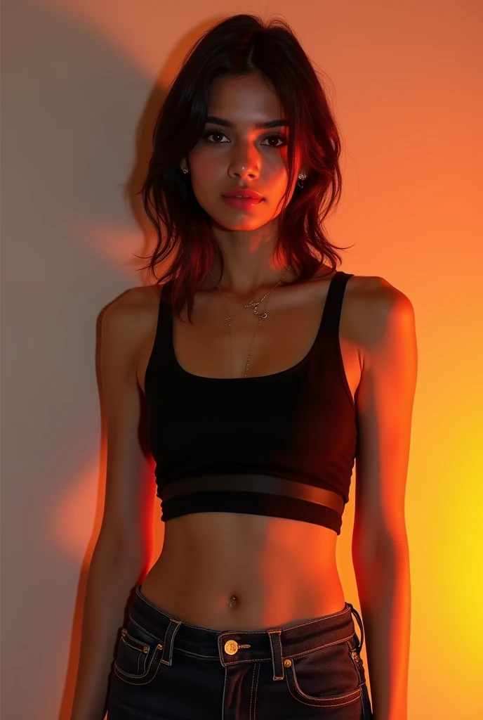 Hot and realistic indian teenager wearing black crop top and jeans