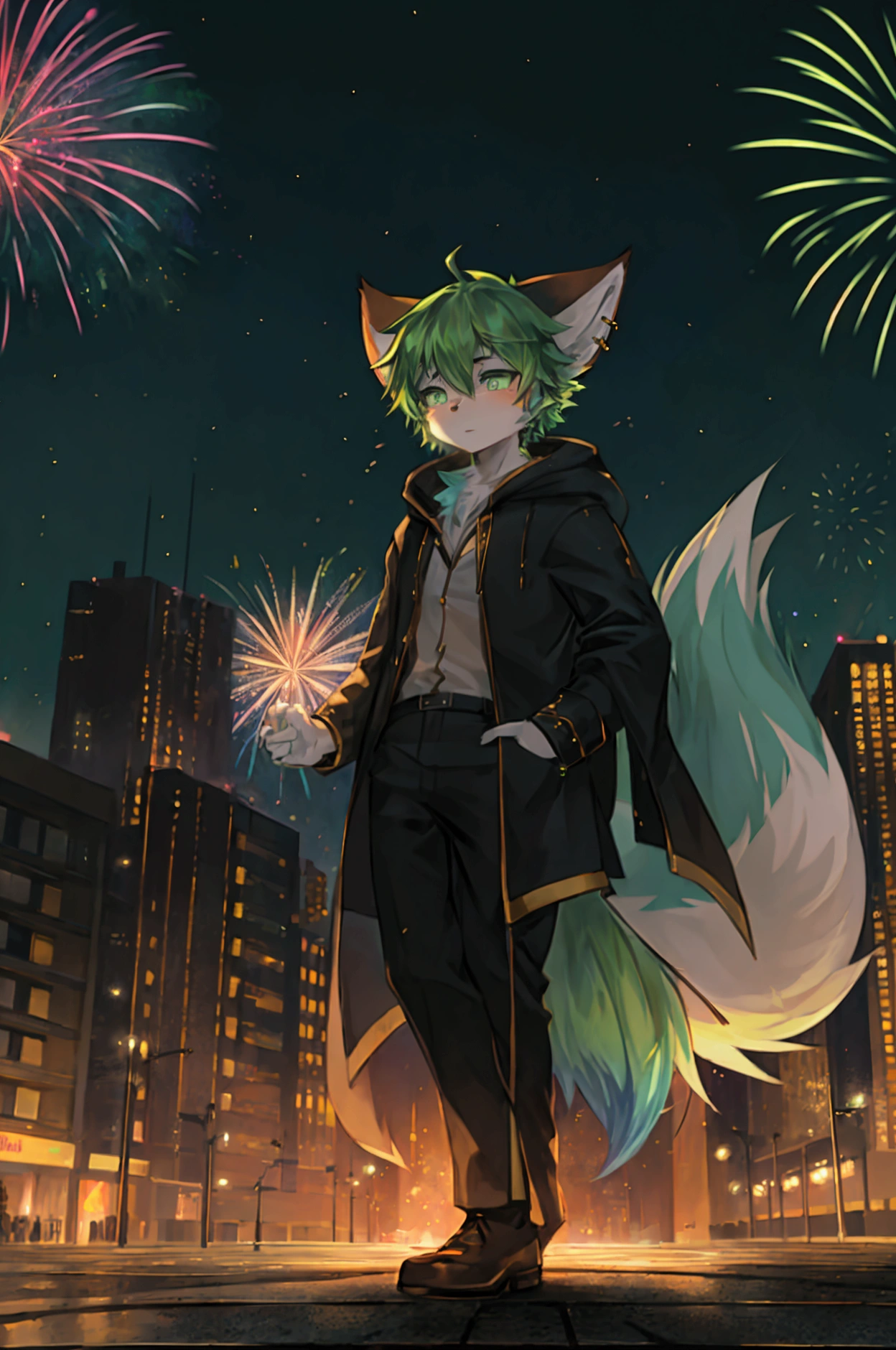 fox,male,Green hair,Hoodie,night,Fireworks,urban plaza