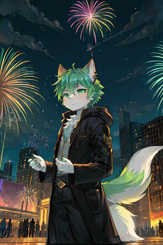 fox，male，Green hair，Hoodie，night，Fireworks，urban plaza