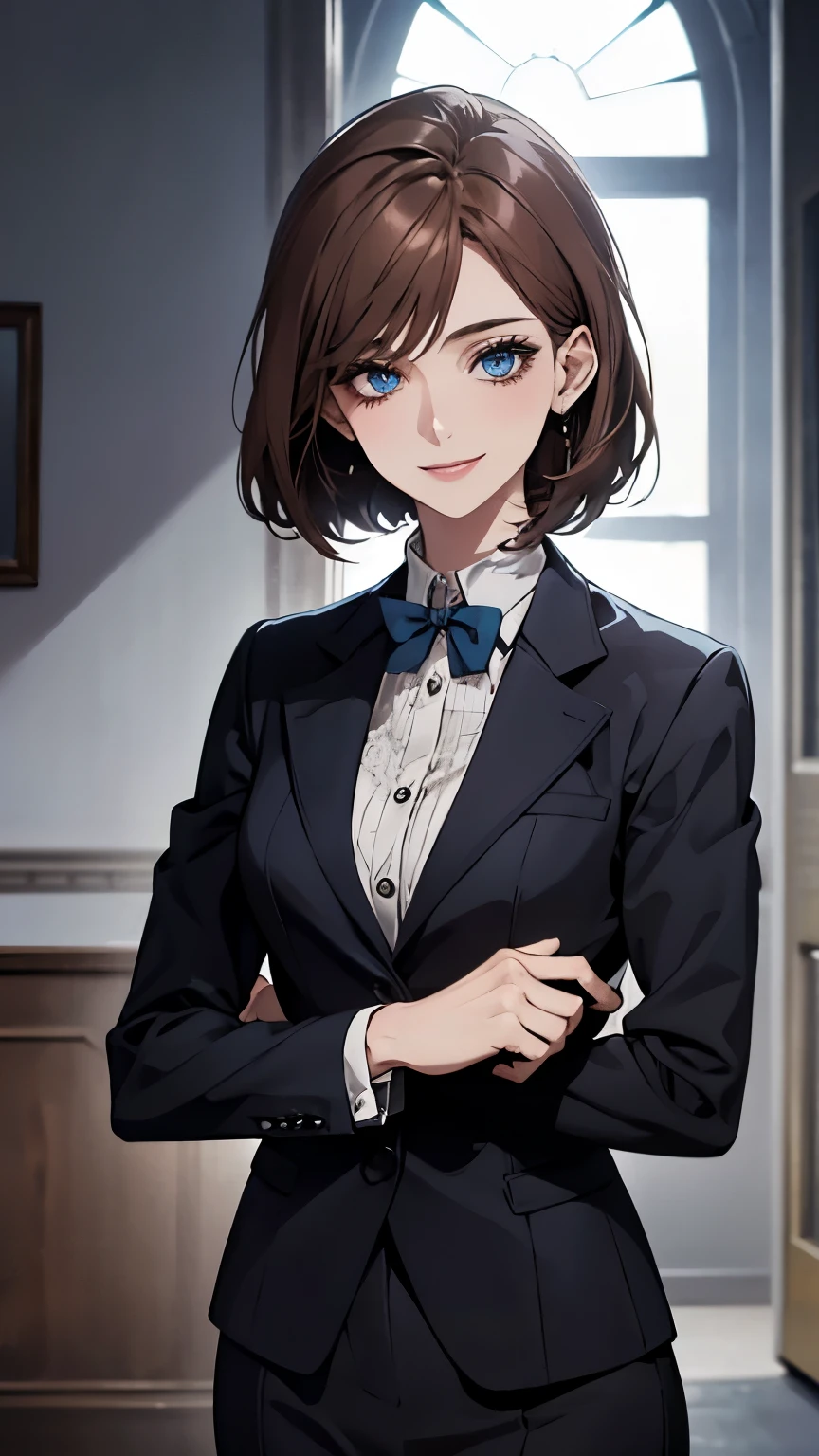 (Highest quality,High resolution,Very detailed),1 girl, Beautiful and elegant light blue eyes, Brown Hair, Cold Smile,Bob Hair, Wearing a suit, Mature Woman, Age 25,Cruel smile, Calm and Calm, Slim figure, pumps,Pale complexion, thin, Calm, secretary