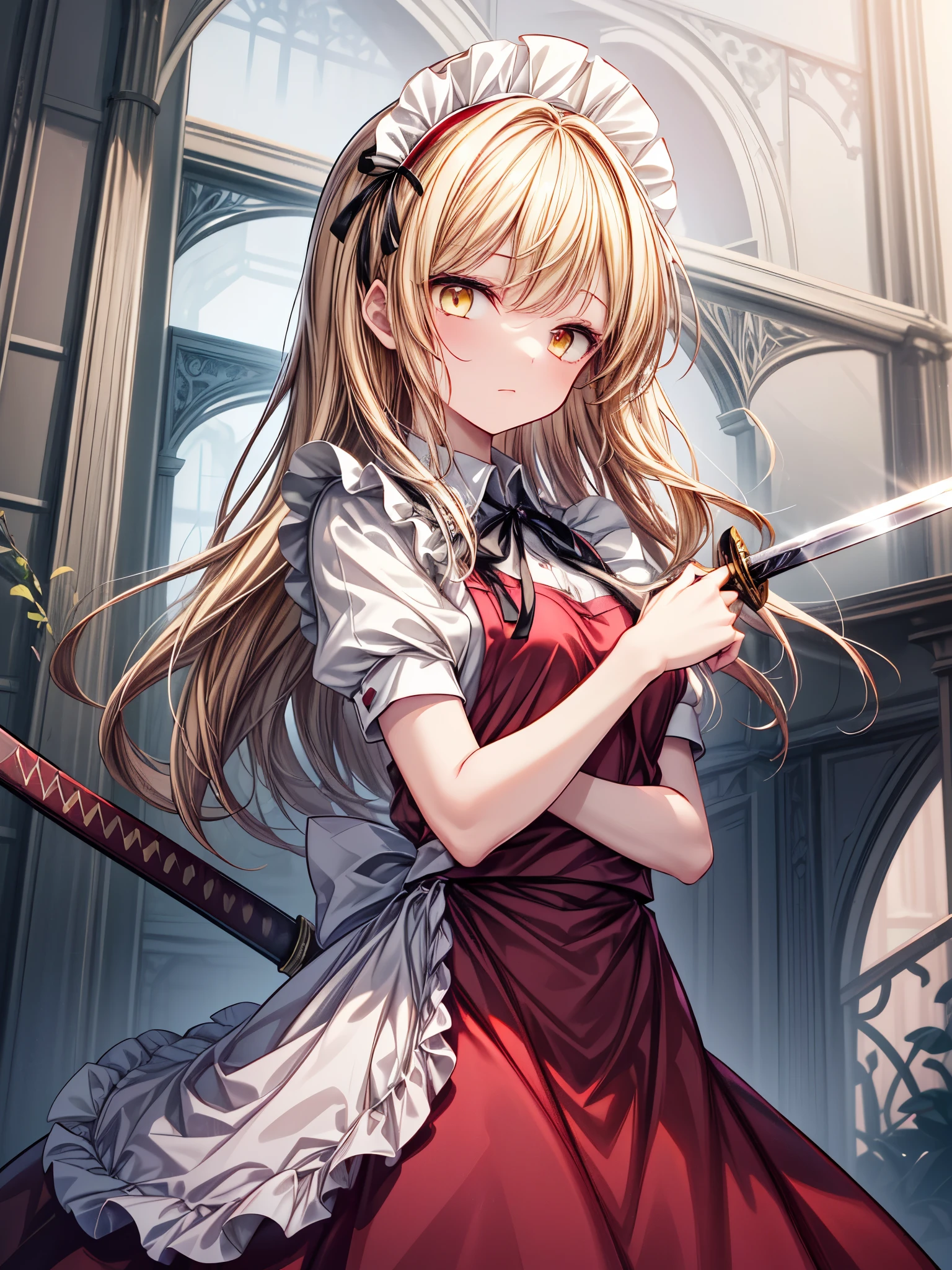 1girl,{{{{yumeko (Touhou)}}}}, yellow eyes, blonde hair, long hair, red dress, maid, maid apron, maid headdress, black ribbon, puffy short sleeves, back bow, sword, holding sword, dual wielding((Long Hair)),((Dream World)),((masterpiece))