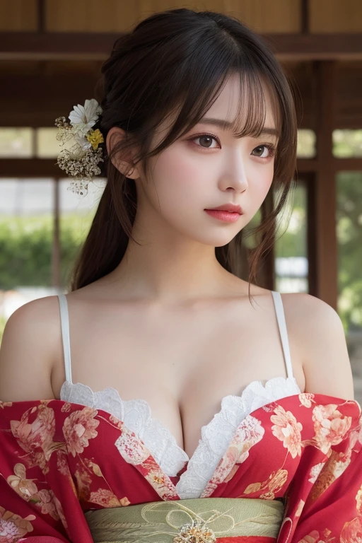 masutepiece, Best Quality, Illustration, Ultra-detailed, finely detail, hight resolution, 8K Wallpaper, Perfect dynamic composition, Beautiful detailed eyes, Kimono, off-shoulder, cleavage