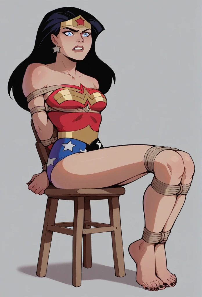 dianaprince, diana prince, blue eyes, black hair, 1 girl, jewelry, star \(symbol\), star print, superhero, An expression of shame on his face, confusion, Desperation on the face, Knees clenched together, Tense posture, bites his lower lip, anatomically correct, Realistic, side-view,(((barefoot, 5 toes, black toe nails, Focus full body, tied ankles together, tied arms Sit on a chair))),and
