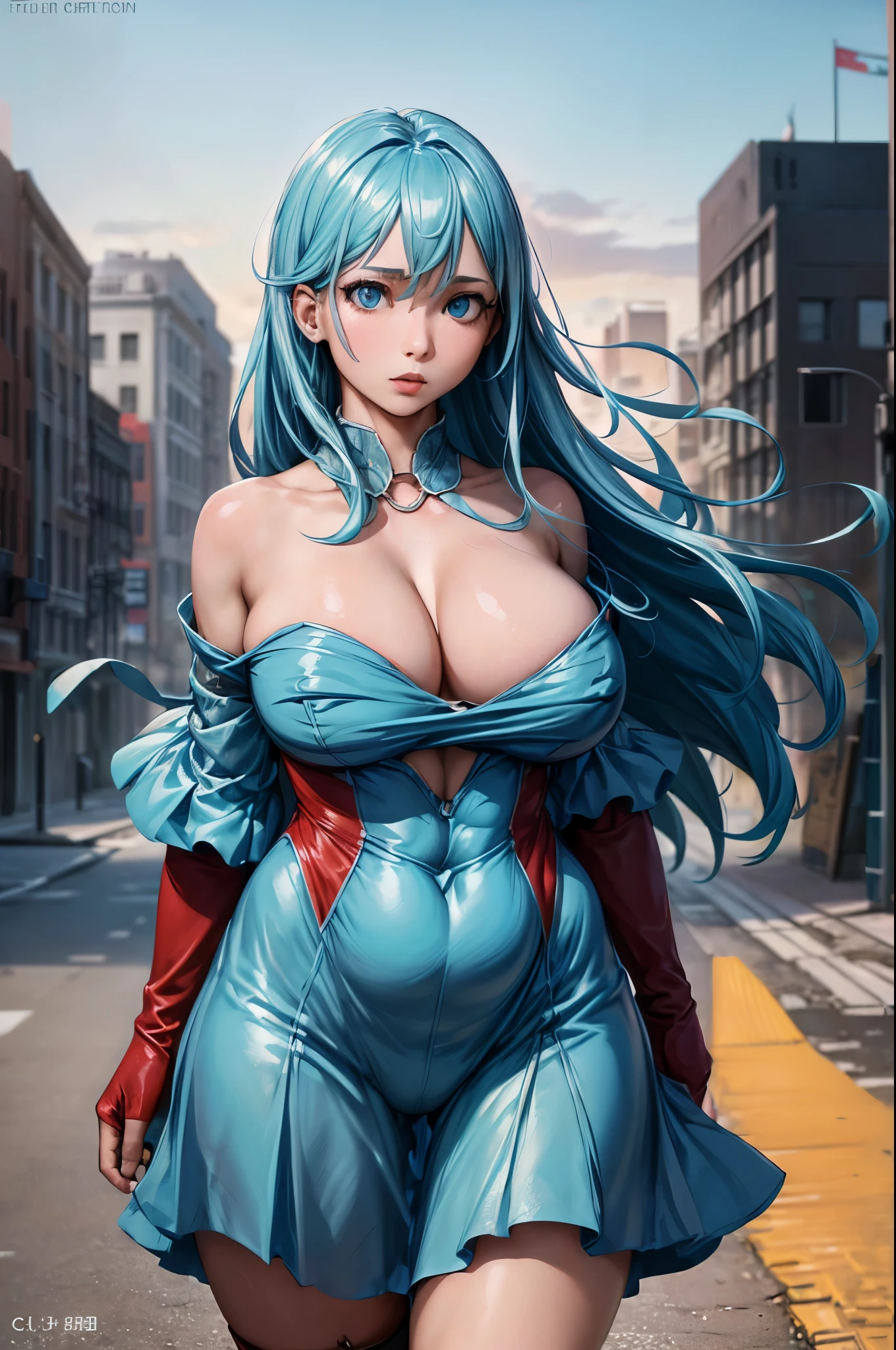 work of art, best qualityer, highest quallity, (perfect lighting), (photoshotrealisitic), Perfect Anatomia, face perfect, perfects eyes, 
 vestidobuldbzred, aquamarine hair, shorth hair, blue colored eyes, aretes, redgown, yellow scarf, blue sky, clouds, on a cliff looking at a city, (BishoujoMãe: 1.5), very tight redgown, legs that open, ((Breasts huge, neckleace))), ((thick-thighs, hourglass figure)), (topless), 1.5) ((thick red lips), ((blue colored eyes)), ((aquamarine hair)) photoshotrealisitic, photoshot, work of art, realisitic, 真实感,  photoshot真实感, photoshot真实感, hight contrast, photoshotrealisitic digital art trend on Artstation 8k HD HD realisitic detailded, detailded, texture skin, hyper detailded, realisitic texture skin, best qualityer, ultra high resolution (photoshotrealisitic: 1.4), high resolution, detailded, raw photoshot, re sharp, by Lee Jeffries nikon d850 film stock photoshotgraphy 4 Kodak Portra 400 camera F1.6 lens rich colors realisitic texture hyper-realisitic dramatic lighting unrealEngine trend in ArtStation CineStill 800,