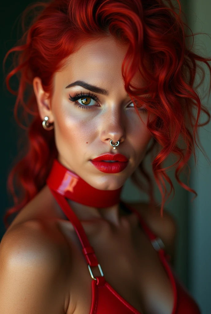 mexican woman, young, naked, red very curly mullet, septum piercing, dimples, thick belt around neck, naughty expression, red shiny latex bodysuit, close-up, UHD, retina, masterpiece, accurate, anatomically correct, textured skin, super detail, high details, high quality, award winning, best quality, highres