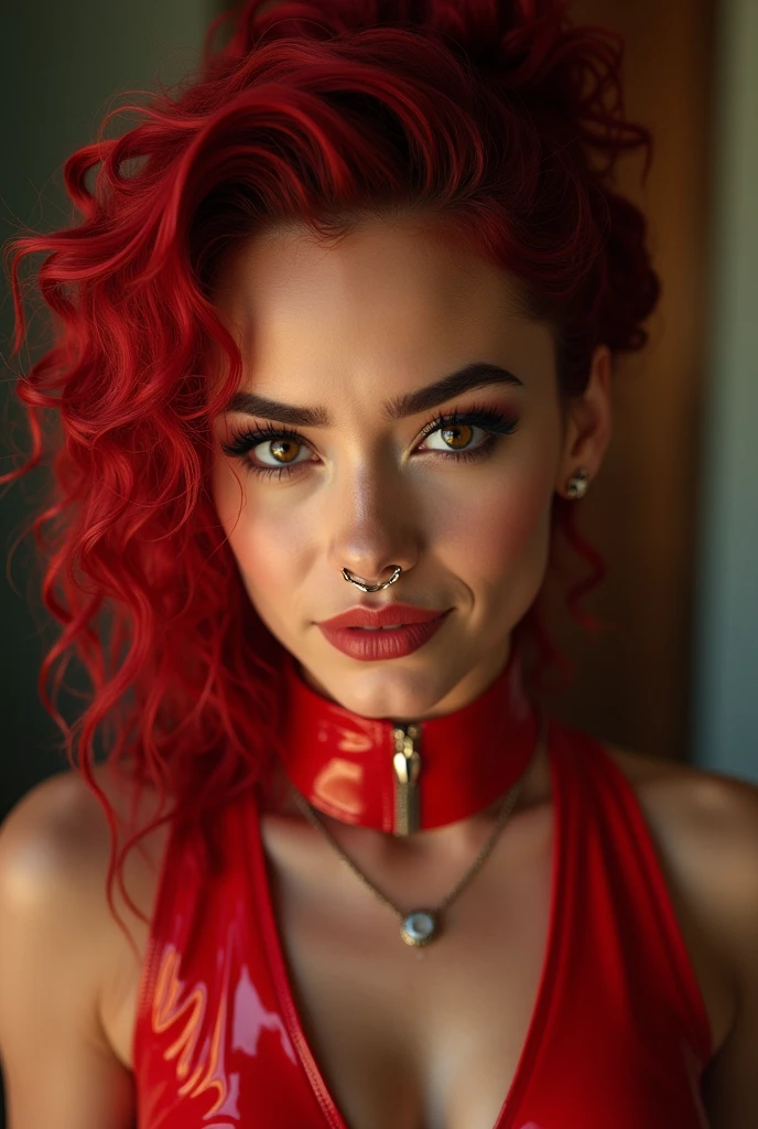 indian woman, young, naked, red very curly mullet, septum piercing, dimples, thick belt around neck, naughty expression, red shiny latex bodysuit, close-up, UHD, retina, masterpiece, accurate, anatomically correct, textured skin, super detail, high details, high quality, award winning, best quality, highres
