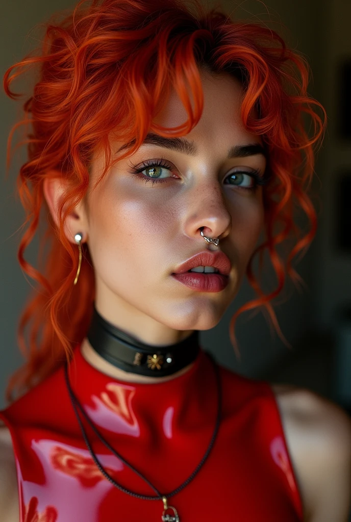 mexican woman, young, naked, red very curly mullet, septum piercing, dimples, thick belt around neck, naughty expression, red shiny latex bodysuit, close-up, UHD, retina, masterpiece, accurate, anatomically correct, textured skin, super detail, high details, high quality, award winning, best quality, highres
