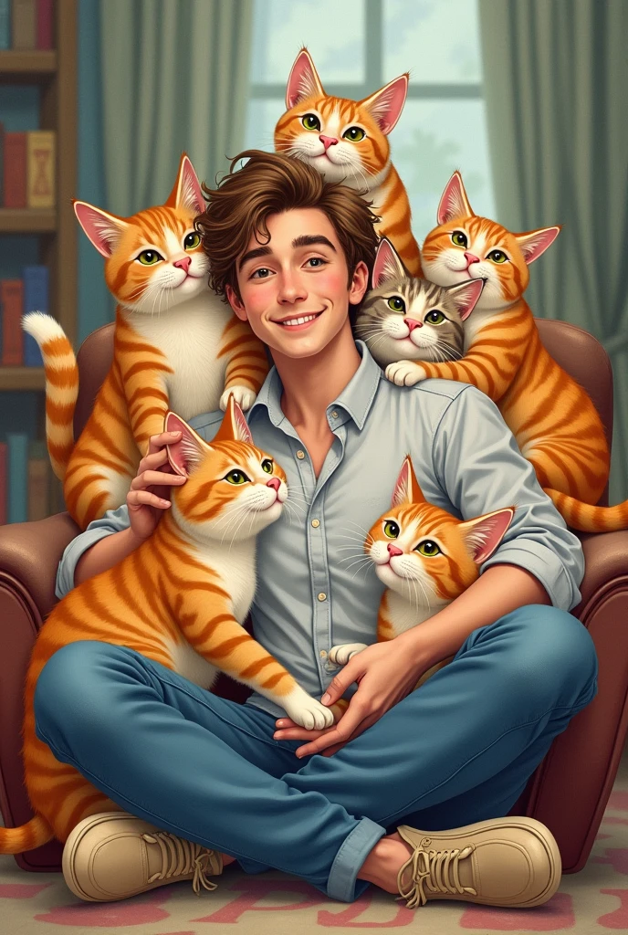 I create a drawing of a young man with 6 cats