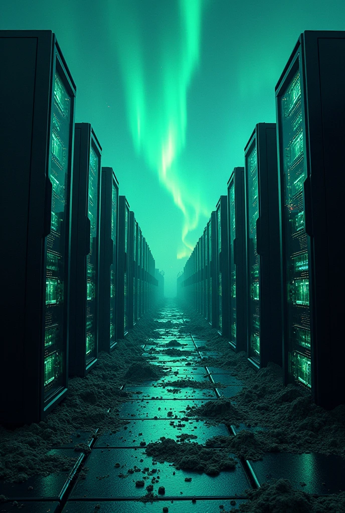 Anthill inside the server, Computer boards stick out from all sides in the form of a defensive structure, A strange light like the Northern Lights emanates from an anthill
