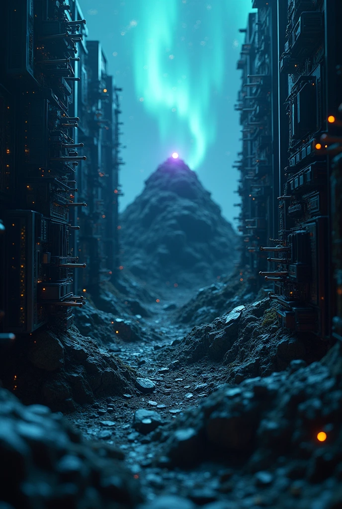 Anthill inside the server, Computer boards stick out from all sides in the form of a defensive structure, A strange light like the Northern Lights emanates from an anthill