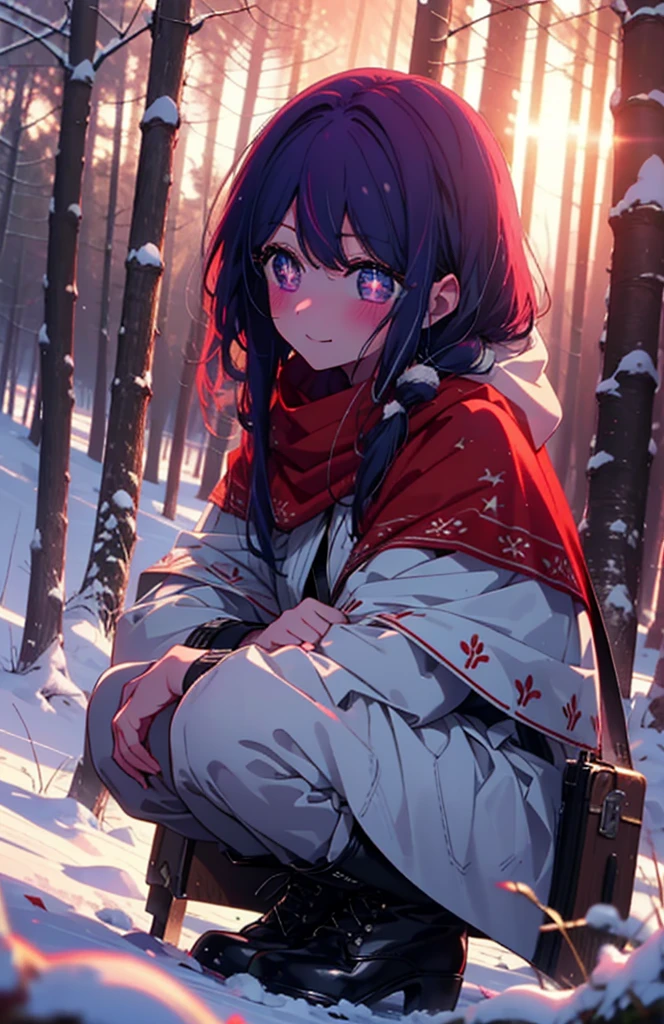aihoshino, Ai Hoshino, Long Hair, bangs, (Purple eyes:1.1), Purple Hair, (Symbol-shaped pupil:1.5), smile,,smile,blush,white breath,
Open your mouth,snow,Ground bonfire, Outdoor, boots, snowing, From the side, wood, suitcase, Cape, Blurred, , forest, White handbag, nature, Squat, Mouth closed, Cape, winter, Written boundary depth, Black shoes, red Cape break looking at viewer, Upper Body, whole body, break Outdoor, forest, nature, break (masterpiece:1.2), Highest quality, High resolution, unity 8k wallpaper, (shape:0.8), (Beautiful and beautiful eyes:1.6), Highly detailed face, Perfect lighting, Extremely detailed CG, (Perfect hands, Perfect Anatomy),
