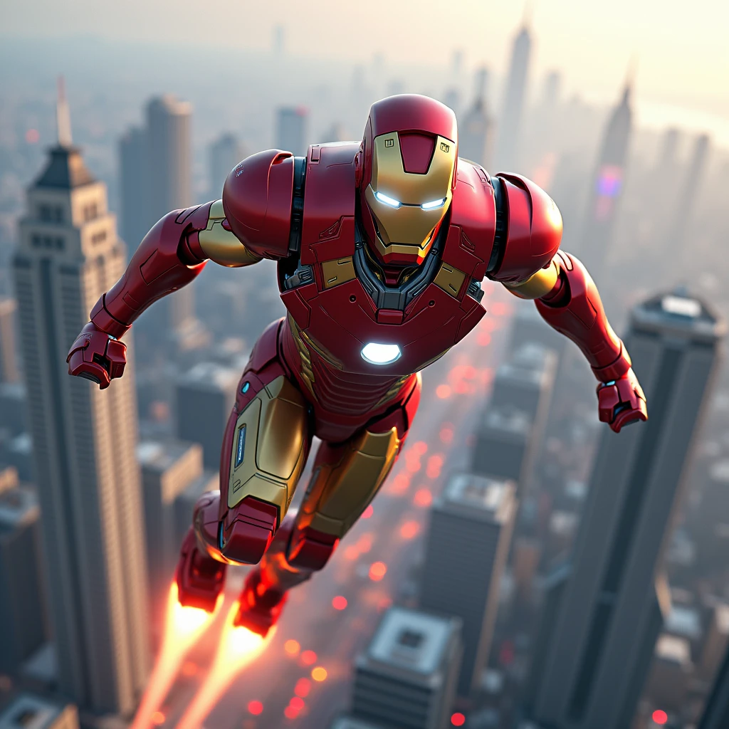 Photo of Marvel Iron Man wearing high tech red and gold armour, flying above a the city ,jets flames emitting from the soles of his boots, one arm is extended forward, The eye emits a laser,Sateen, RTX, octanerender, unreality。k hd