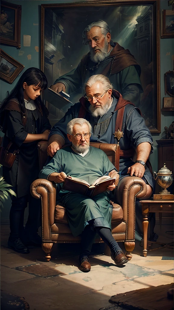 Father sitting in an armchair reading the Bible to his 3 children sitting around him. oil painting style