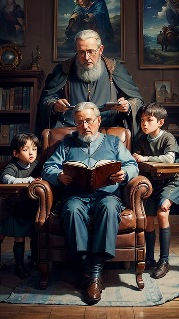 Father sitting in an armchair reading the Bible to his 3 children sitting around him. oil painting style