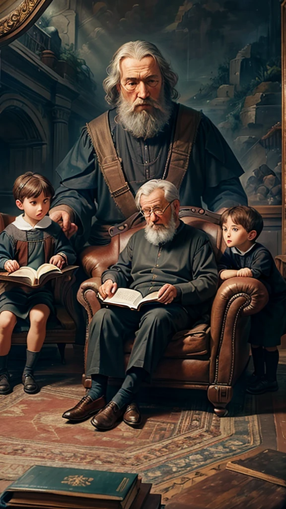 Father sitting in an armchair reading the Bible to his 3 children sitting around him. oil painting style 