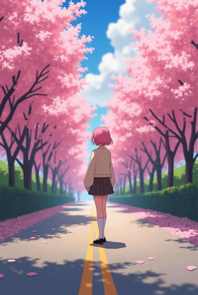 masterpiece, best quality, Extremely detailed, illustration, Wide Angle, 1 girl standing in the middle of the road, Solitary, The road in the middle and the pink cherry blossom trees on the roadside, whole body, 1920s, Pink Hair, sweater, Short skirt, Fashion,, work, balance, , rhythm, color, Light, shadow, reflection, refraction, Tone, Compared, prospect, Middle ground, background, naturalistic, simile, representational.
