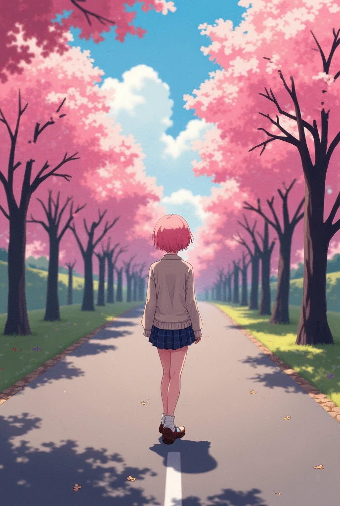 masterpiece, best quality, Extremely detailed, illustration, Wide Angle, 1 girl standing in the middle of the road, Solitary, The road in the middle and the pink cherry blossom trees on the roadside, whole body, 1920s, Pink Hair, sweater, Short skirt, Fashion,, work, balance, , rhythm, color, Light, shadow, reflection, refraction, Tone, Compared, prospect, Middle ground, background, naturalistic, simile, representational.