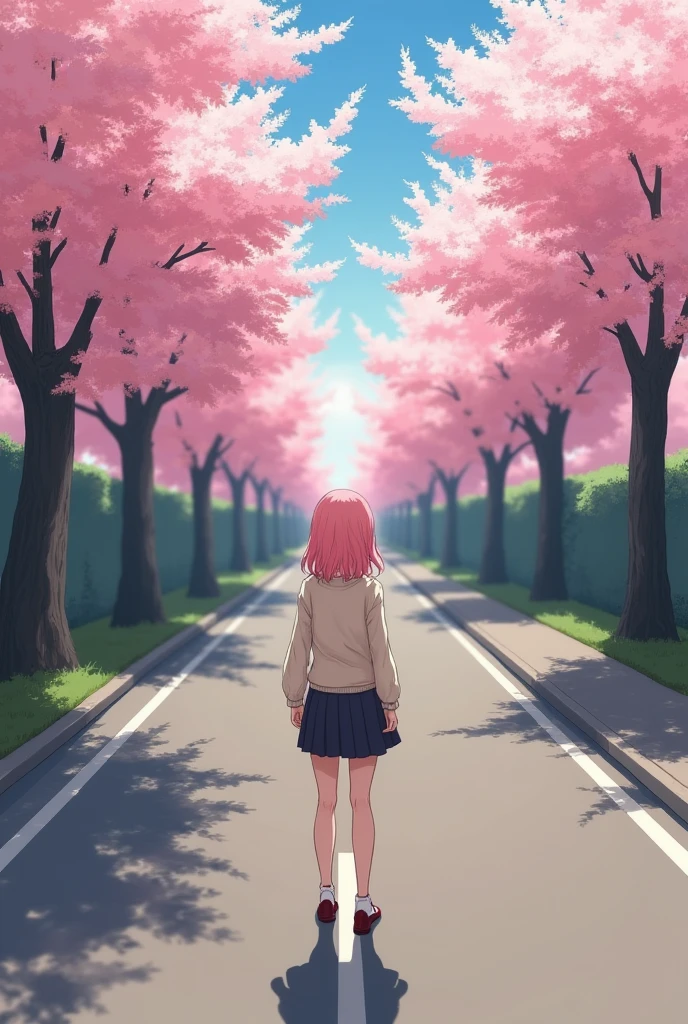 masterpiece, best quality, Extremely detailed, illustration, Wide Angle, 1 girl standing in the middle of the road, Solitary, The road in the middle and the pink cherry blossom trees on the roadside, whole body, 1920s, Pink Hair, sweater, Short skirt, Fashion,, work, balance, , rhythm, color, Light, shadow, reflection, refraction, Tone, Compared, prospect, Middle ground, background, naturalistic, simile, representational.