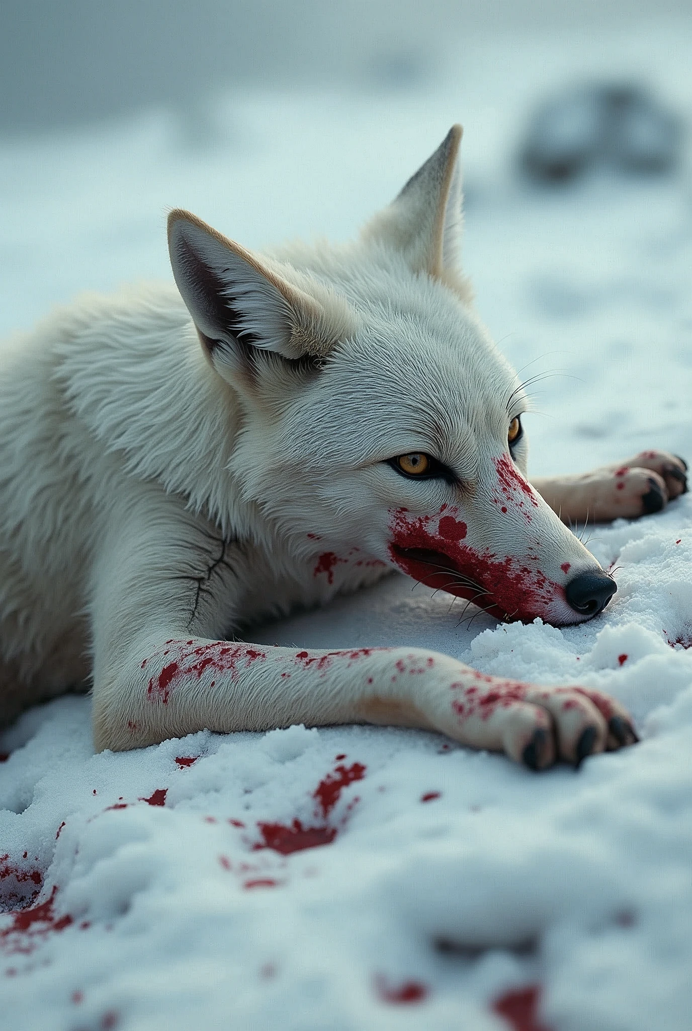 A dying, dirty white fox lying in the snow, blood dripping from its body, a desperate expression on its face, tears in its eyes, blood on its mouth and body, the scene is desolate, snow-white and abandoned, monochrome, high contrast, dramatic lighting, photographic style