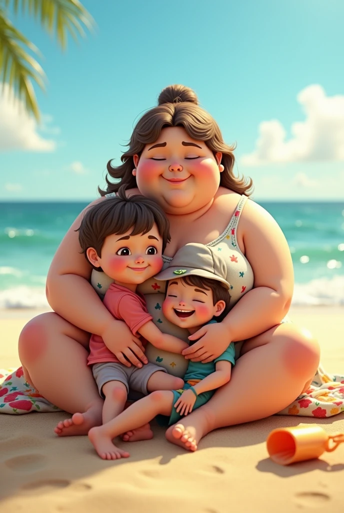 Fat mom of a boy and a girl on the beach