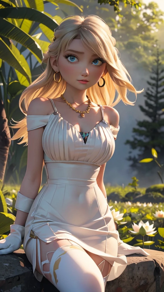 (ultra realistic,32k, masterpiece:1.2),(high detailed skin:1.1),( high quality:1.1), 
Astrid, very long wavy hair, blond hair, long bangs, elegant fringe, realistic big eyes, slim face, egirl makeup, long eyelashes, plump botox lips,  sexy closed lips, Orgasm face, sex joy, white rose in hair, sexy supermodel body, Looking into camera, tall girl, slim fit figure, elegant necklace, transparent white smooth dress, material dress with black details, white gloves, no strings, bare shoulders, black details on clothes, thigh transparent highs, gold hoop earrings, Romantic photo, sitting on black rock, white lotus flower field, fog, flying exotic plants, realistic jungle trees, yellow glowing berries, outside, floating exotic flowers, night, warm lights, perfect realistic shading, intensive chromatic effect, rays of the sun, detailed background,,(looking at viewer, sitting, from bellow:1.1),, (hard exposed breast,round breast,:0.9),(volumetric lighting:1.1),