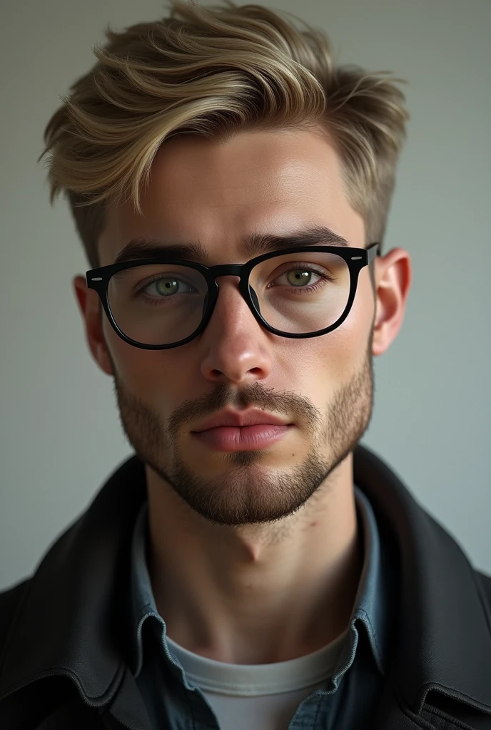 A 23-year-old blond man with light eyes and a goatee who wears glasses
