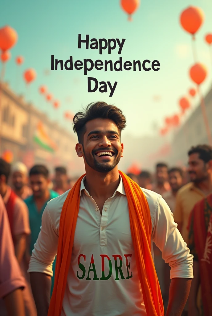 A real 30-year-old boy joyfully celebrates Indian Independence Day. He is wearing traditional Indian outfts with the name "SADRE" written on
his attire. Above him, in the sky, the words "Happy Independence Day" are displayed in a bold font. The backdrop is flled with people
celebrating, enhancing the festive and patriotic spirit of the day.