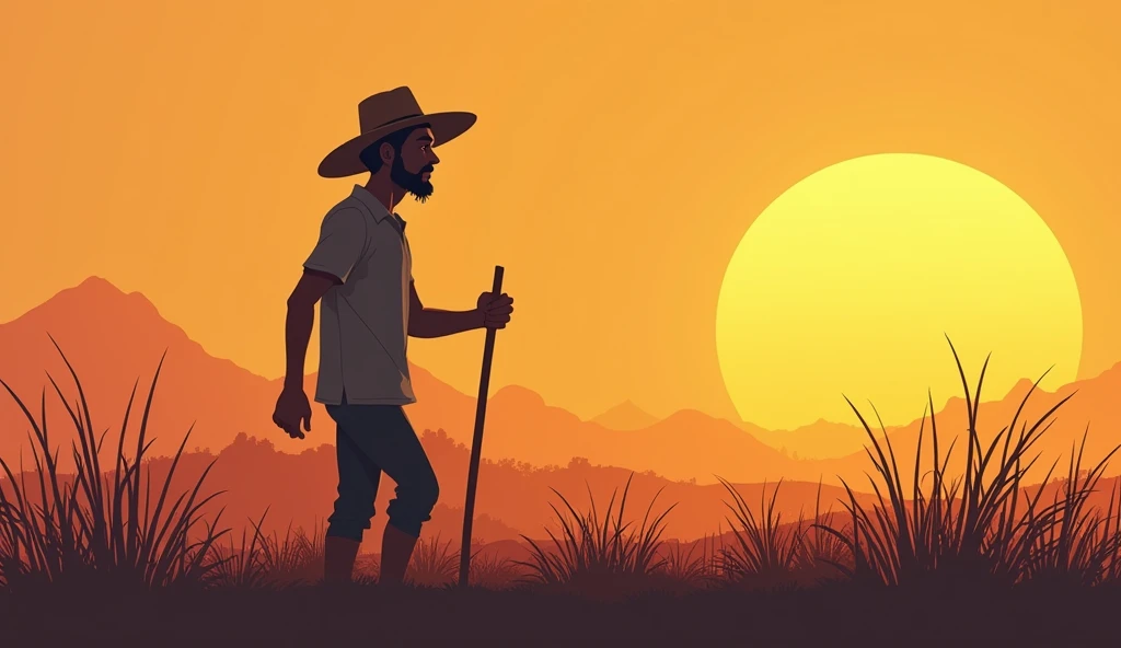 Illustration of a farmer, Ramu, working diligently in his field from sunrise to sunset, looking exhausted but determined.