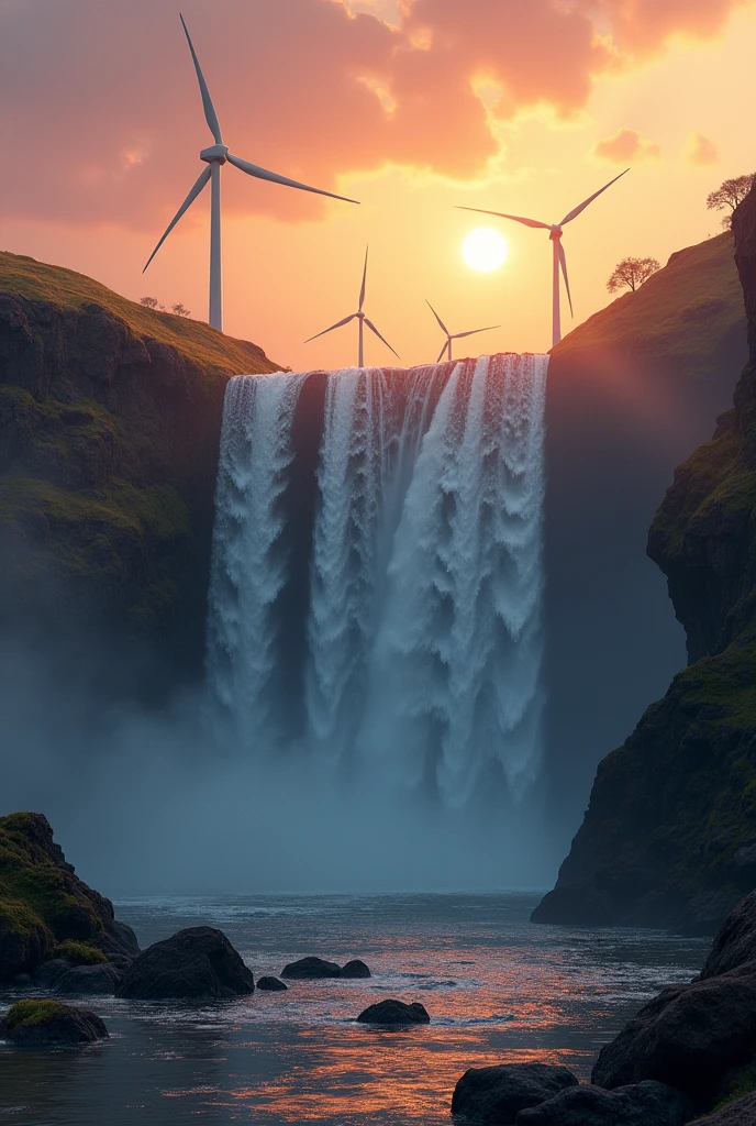 Waterfall at sunset with a wind farm