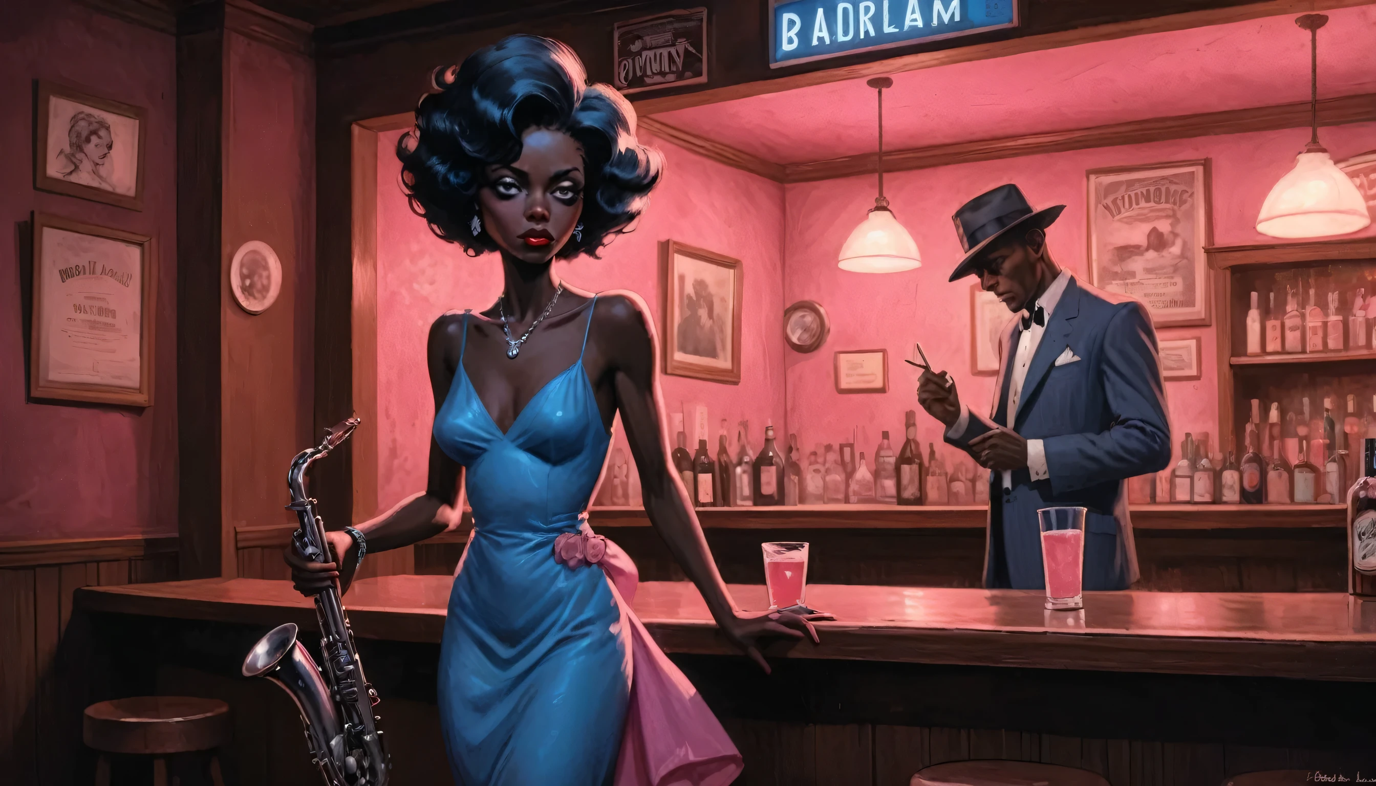 robert johnson, gritty, alabama bar, blue note, charismatic , pink dress, illustration, noir fantasy, lone black lady, sad ending, saxophonist