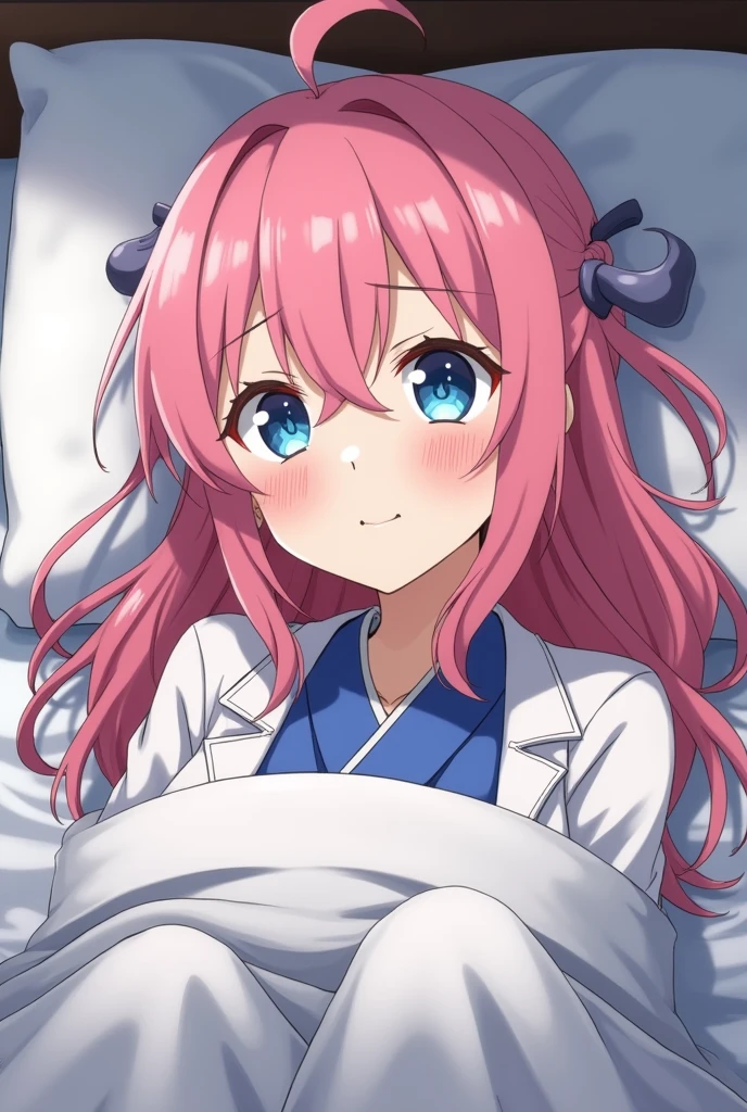 anime monologue pharmacist concubine gekuyou is sick, lying in bed in hanfu, She has pink hair, Blue eyes