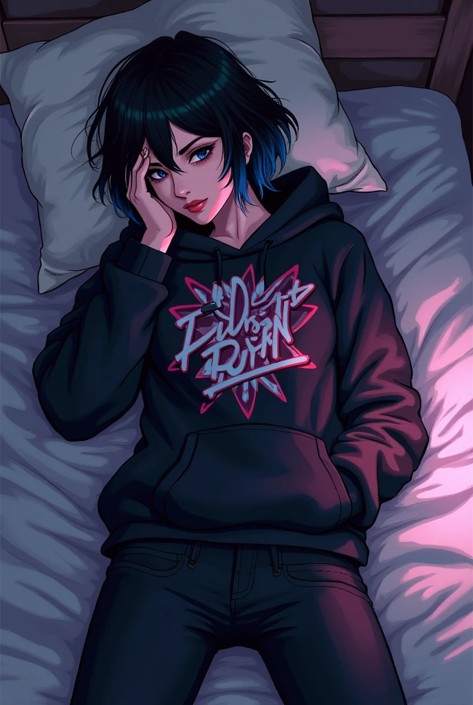 (Pixel Art: 1.2), Beautiful gothic woman, Sexy gothic girl, Designer sweatshirt jacket with logo, Pants, Black short hair，Blue hair ends, bedroom, Lying in bed, (author Isaac Quek: 0.8) [author：Ilya Kuvshinov: 0.65]