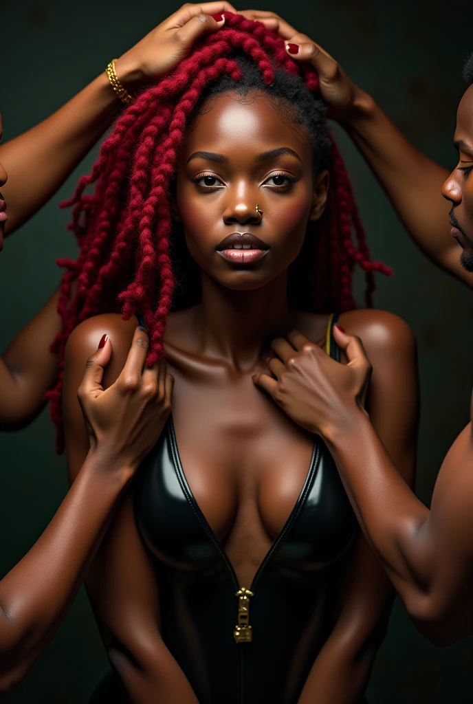 african woman, young, naked, red dreadlocks, septum piercing, dimples, thick belt around neck, naughty expression, red shiny latex bodysuit, being groped by men, being touched by men, hands on woman's body, close-up, UHD, retina, masterpiece, accurate, anatomically correct, textured skin, super detail, high details, high quality, award winning, best quality, highres