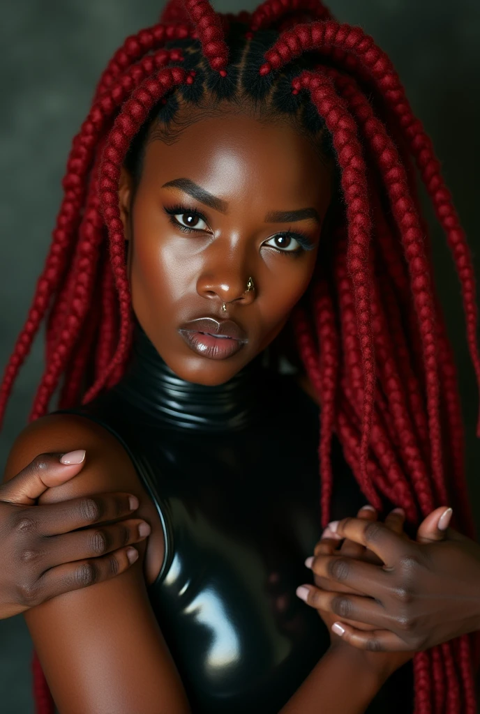 african woman, young, naked, red dreadlocks, septum piercing, dimples, thick belt around neck, naughty expression, red shiny latex bodysuit, being groped by men, being touched by men, hands on woman's body, close-up, UHD, retina, masterpiece, accurate, anatomically correct, textured skin, super detail, high details, high quality, award winning, best quality, highres
