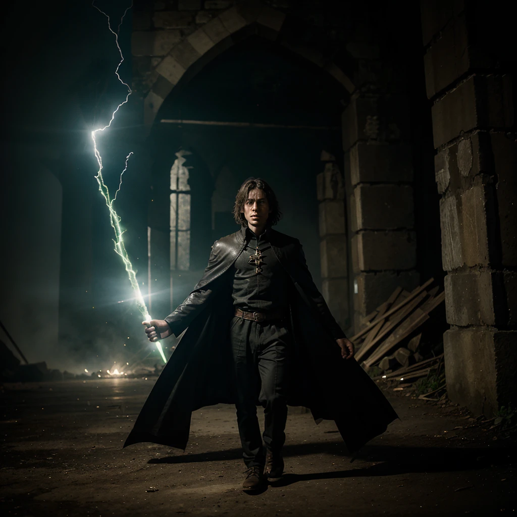 A powerful 22-year-old wizard, with a power that gives off a green aura, is conquering a huge city from the late Middle Ages. He is seen as an evil being, emerged from the darkest part of evil. He has short hair and is Caucasian. 