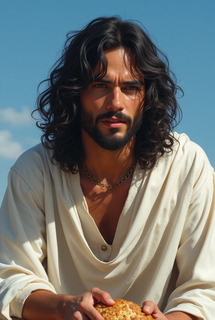 (masterpiece, Highest quality),1 boy with black hair, View your viewers, Wearing white clothes, whole body, Blue filter, Kind, Israel 2000 years ago,Jesus,Wavy Long Hair,Eating bread
