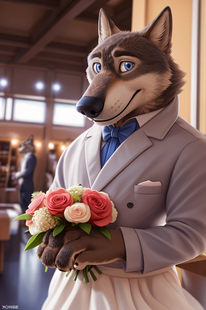 пара Male and female, Larry, Tatyana, Wedding dress, (Zootopia), wolf, gray fur, (brown body:1.3), beautiful blue eyes, Zootopia, dressed,Blazer,pink shirt,trousers,the bow tie,canine,wolf, detailed fur, Male, second, paw pads, finger claws,одевает the bow tie, games,At the viewer, 5 fingers, paws, 4 toes, in the wedding palace, groom,ring, holds, flowers for wife,
BREAK from nextel, for dating, by xenoforge, (difficult, high detail,digital photography, soft focus, RAW, close to the camera, smile, positive, Good, mood, Houses, looks at the viewer, очень close to the camera, In the shop,his wedding, wedding palace combination,
photorealism, realistic, photorealistic,digital style, subsurface scattering,очень close to the camera
шедевр, Best quality, ultra realistic, 8 thousand.)