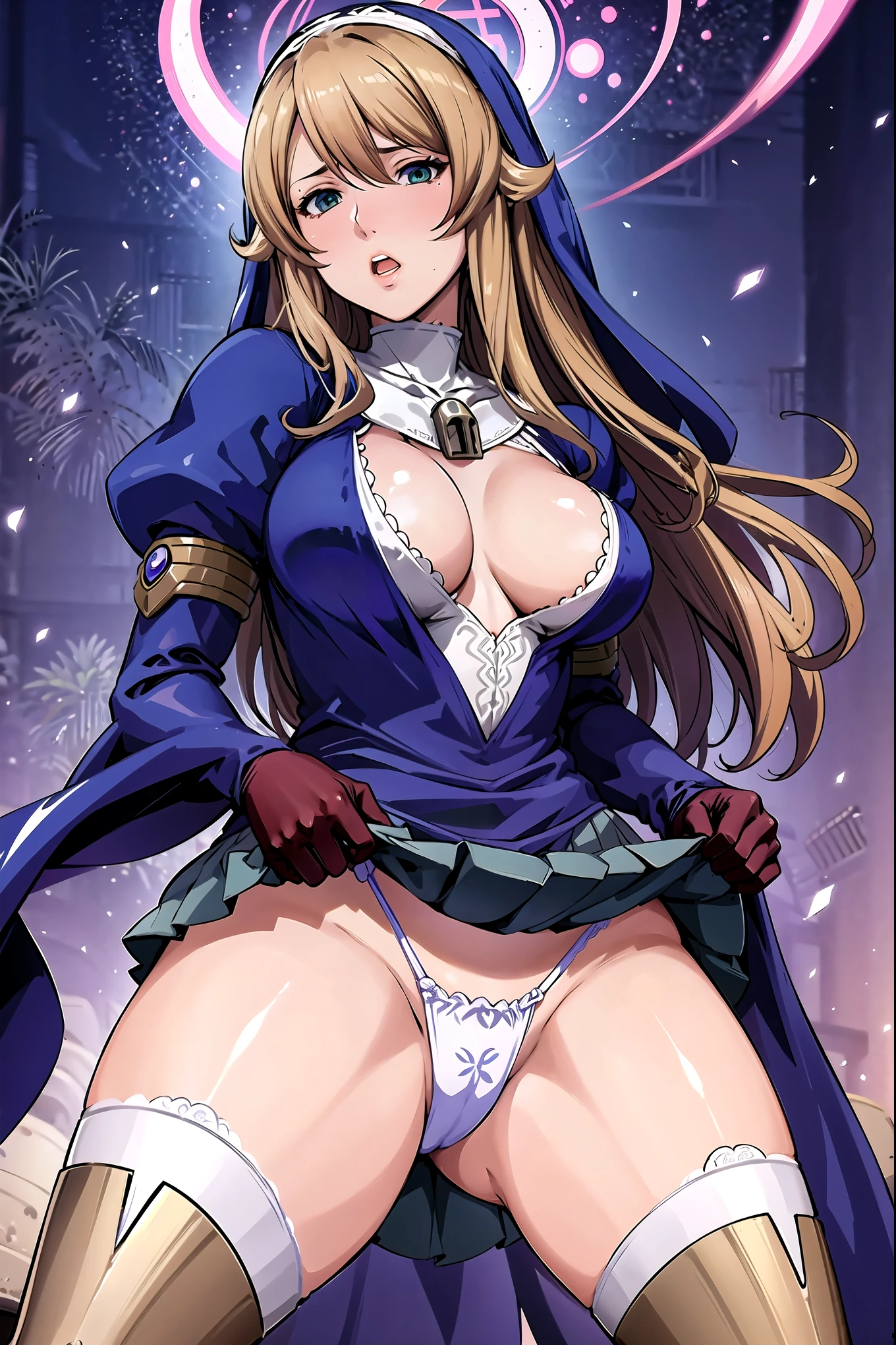 masterpiece, super fine illustration, best quality, light particles, ultra-detailed, 8K, (bright colors:1.2),[official art],[[anime styled]],[[digitalart]],nsfw,sigui \(queens blade r\), nun, 20yo,young female, brown long hair, bangs, green eyes, purple cape on her head, purple outfit, cleavage cutout, cleavage,[bare breasts],[elect nipples], puffy sleeves, jewelry, necklace,perfect lighting,skirt lift,upskirt,[tucking up the skirt,show off panties],(white panties),embarrassed,from below, break background church