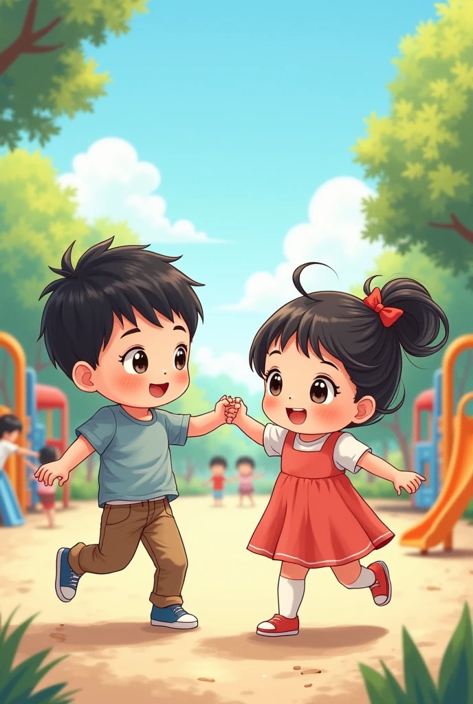Two Korean children, Cutes, by hand, On the playground