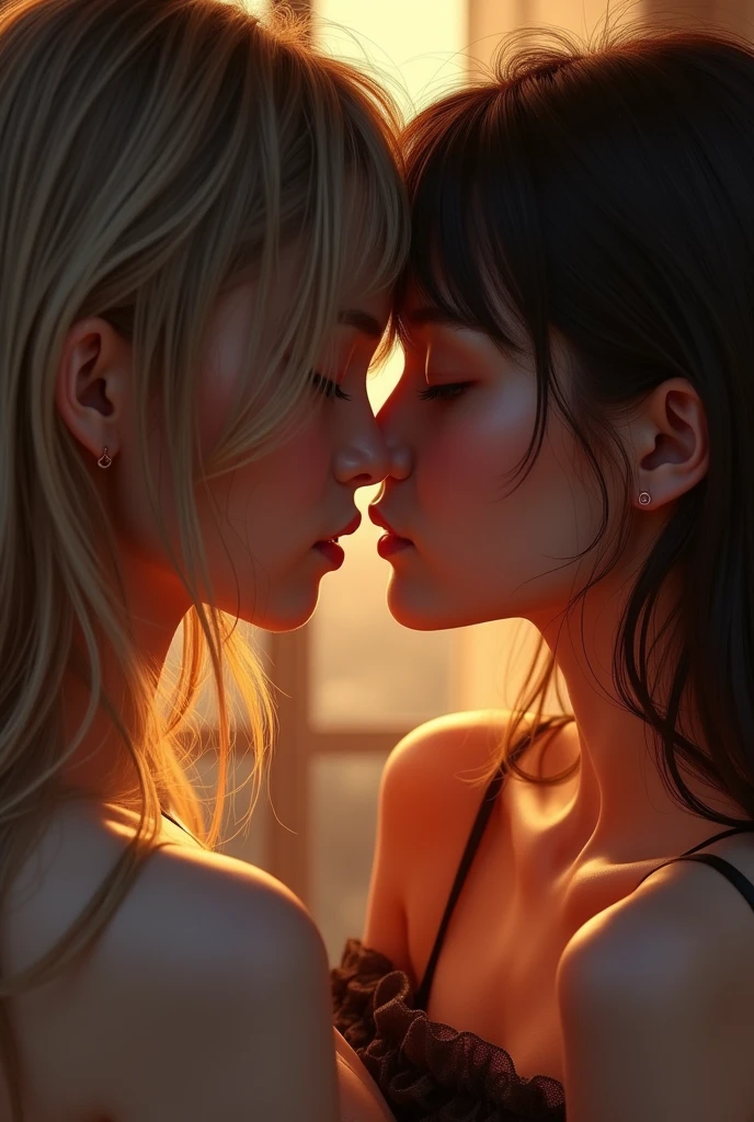 best quality, masterpiece, Ultra-high resolution, (Reality: 1.4), RAW photos, 1 Girl, Off-shoulder, Movie Lighting, Kissing Positions, Heterochromia