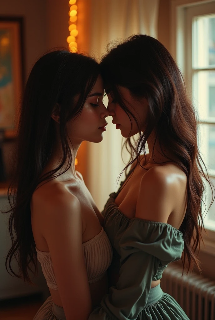 best quality, masterpiece, Ultra-high resolution, (Reality: 1.4), RAW photos, 1 Girl, Off-shoulder, Movie Lighting, Kissing Positions, Heterochromia