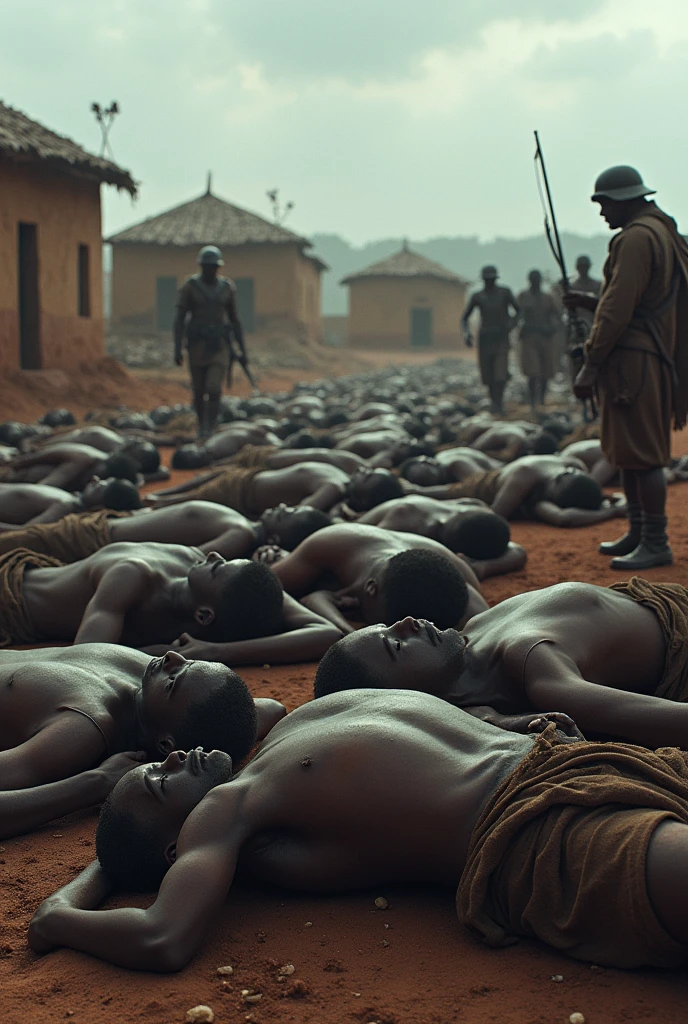 Create a powerful and somber image depicting the aftermath of a tragic event in a village setting. In the foreground, show the bodies of a hundred slaves lying on the ground, their expressions conveying the suffering they endured. The scene is heart-wrenching, with some of the bodies still holding onto each other, suggesting a desperate attempt to protect one another in their final moments.
In the background, a small, dilapidated village can be seen, its huts and simple structures contrasting with the brutality of the scene. Nearby, soldiers stand with a mix of indifference and cold authority, their weapons still in hand. The sky above is overcast, casting a muted light over the scene, enhancing the atmosphere of tragedy and loss. The image should evoke a deep sense of sorrow and the harsh realities of oppression.