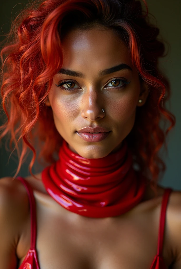 indian woman, young, naked, red very curly mullet, septum piercing, dimples, thick belt around neck, naughty expression, red shiny latex bodysuit, close-up, UHD, retina, masterpiece, accurate, anatomically correct, textured skin, super detail, high details, high quality, award winning, best quality, highres