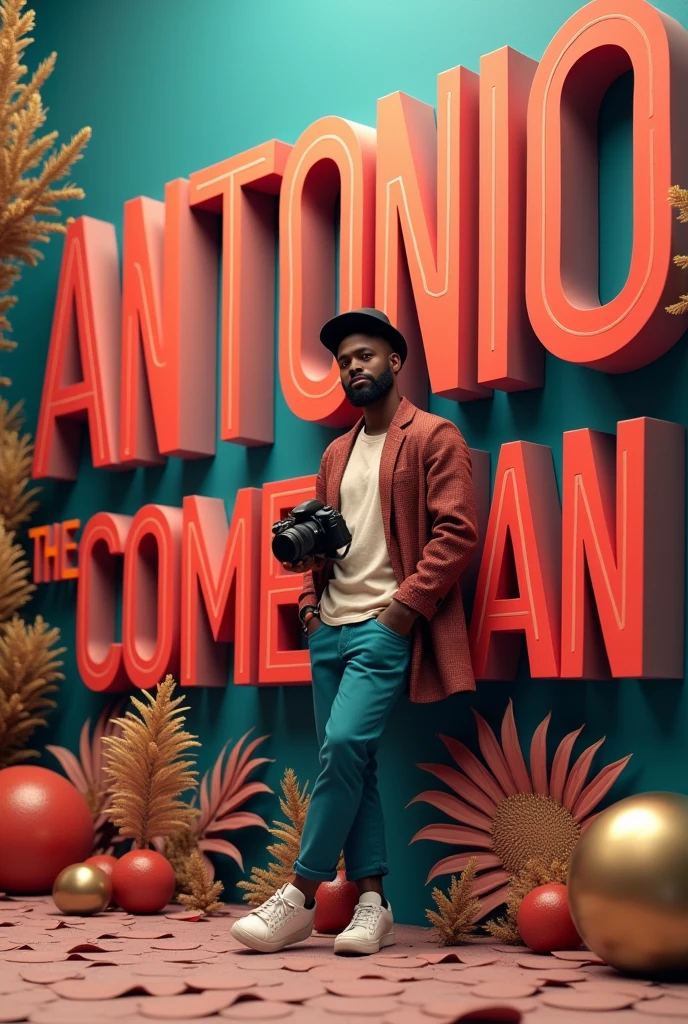 A black photographer holding a camera in his hand while leaning on the 3D name &#39;&#39;ANTONIO THE COMEDIAN&#39;&#39; with other superficial materials 