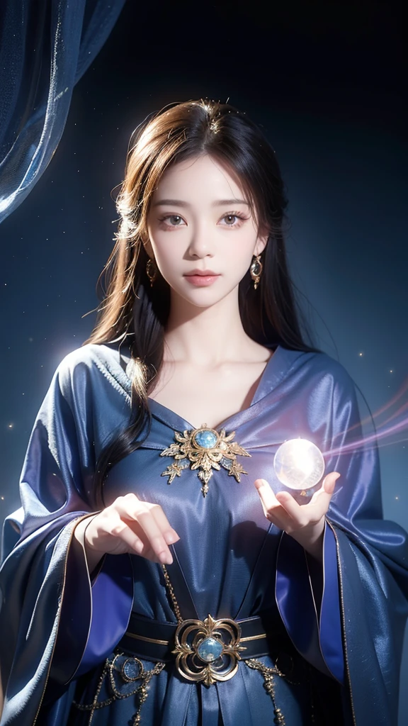 ((facing front:1.5)),Female fortune teller. Attractive, beautiful and mysterious. She wears a blue cloak and has distinct features. The atmosphere is bright and sparkling, full of anxiety and anticipation. A fortune teller is standing there. The body is facing forward. he is looking at you He holds a crystal ball in his right hand. The lighting in the room is bright, creating a magical atmosphere. Best picture quality, 4k or 8k resolution. The level of detail is very detailed and realistic, close to photorealism. Artistic style should reflect an official aesthetic with bright colors and strong contrasts. The color palette should emphasize the mystical and mystical theme of the work. The fortune teller's cloak is decorated with metal edging with a thickness ratio of 1.5 and intricate designs. The overall atmosphere is magical, like a starry sky. The expression on the fortune teller's face should arouse mystical interest.