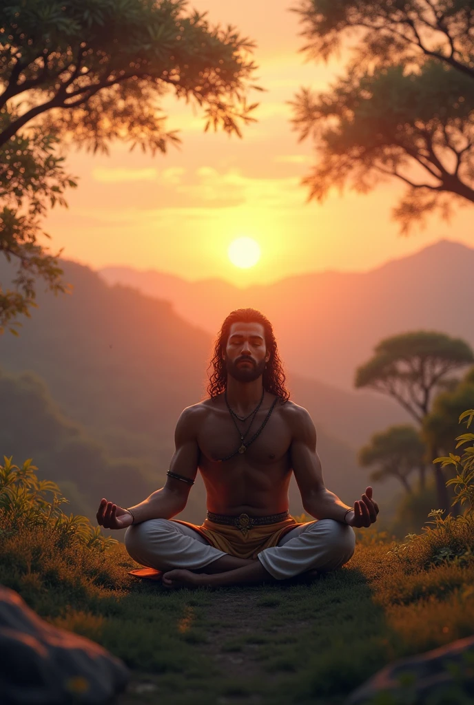 A peaceful scene of Arjun meditating by himself, with the sun setting in the background, symbolizing tranquility and acceptance.