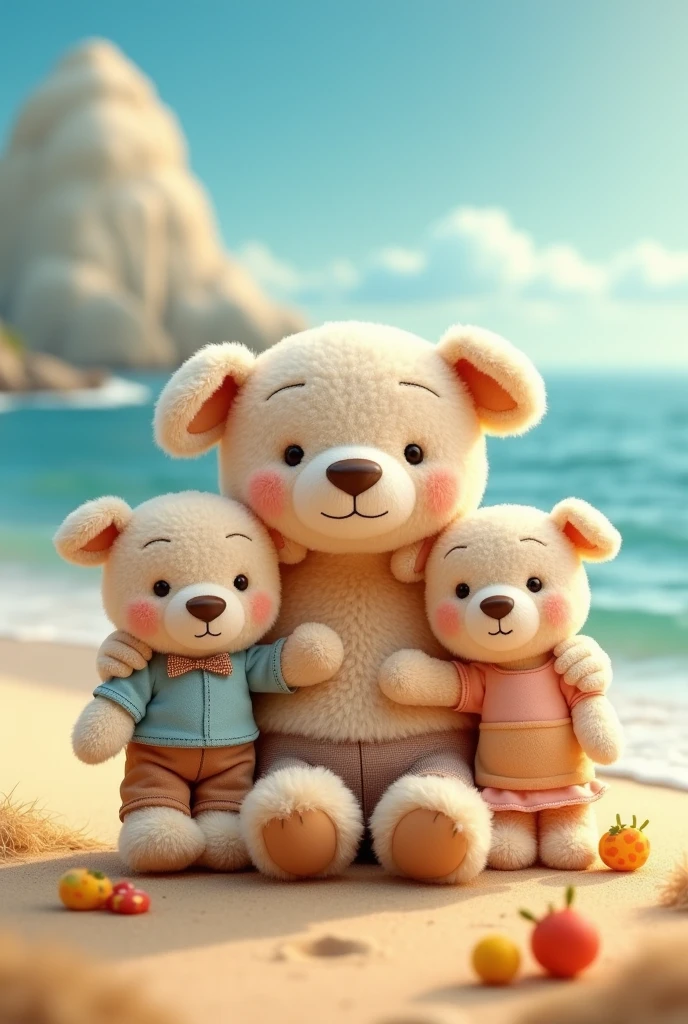 Stuffed mom of a boy and a girl on the beach