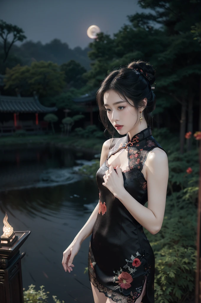 (((best quality))),(((ultra detailed))),(((masterpiece))),illustration,((1 beautiful girl,solo)),(bun hair:1.2),(Ghostly makeup:1.3),(fair skin:1.5),(red lips:1.2),(earrings:1.2),((slim,thin)),((small breasts,flat chest,cleavage)),(black floral embroidered lace sleeveless cheongsam:1.5),(thigh loop:1.3),(slender legs:1.2),(stockings:1.3),(standing:1.3),(A huge moon in the sky:1.3),(moonlit Chinese garden courtyard:1.3),(Ghost Festival:1.3),(Ghostly flames are drifting in the air:1.3),elegant and sophisticated,intricate patterns,curves,dark color,striking visual appeal,ethereal,enchanting,ghostly black blossoms,swaying branches,stone pathways,moss,eerie shadows,ancient pavilion,intricate wooden structure,mystery and intrigue,cicadas chirping,auditory symphony,embodiment of the festival's spirit,bathed in the moon's glow,delicate features,raven-black hair,waterfall of darkness,moon's luminance,captivating allure,sleek fabric,clung to frame,accentuating curves,highlighting beauty,striking appearance,ethereal beauty,hauntingly beautiful scene,captured essence,blend of beauty and mystery,(night scene:1.3),((from front,upper body))
