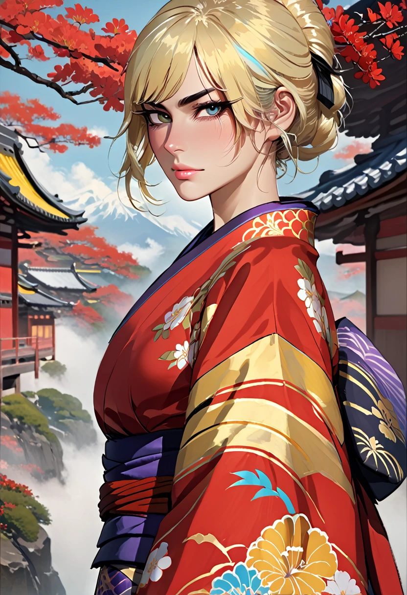 score_9, score_8_up, score_7_up, score_6_up, score_5_up, score_4_up, BREAK 1girl, ((muscular body:1)), intricate, kimono, (eyeliner:1.2), looking at viewer, bob hairstyle, blonde, jewelry, detailed background,huge breasts (masterpiece, high quality:1), 2.5D, Realistic, Raiden Shogun (Genshin Impact)
